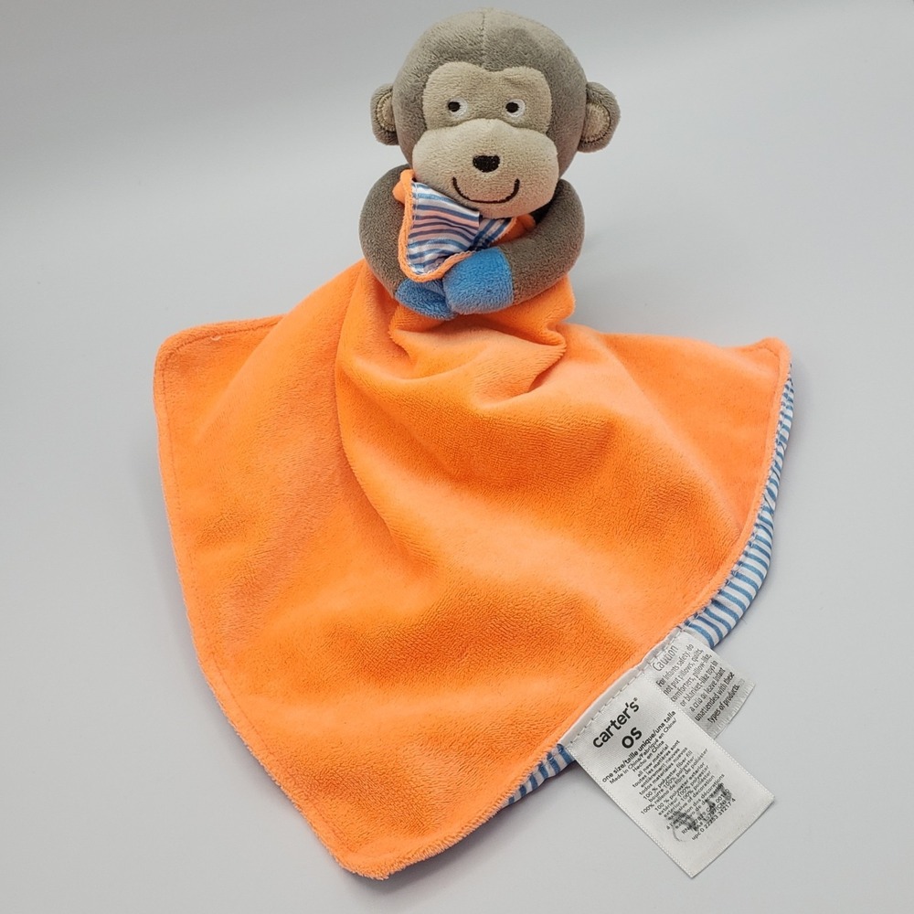 CARTER'S ORANGE MONKEY RATTLE SECURITY‎ BLANKET LOVEY Plush 12" STUFFED ANIMAL